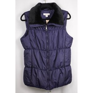NWT Coldwater Creek Faux Fur Collar Puffer Vest Denim Blue with Black Faux Fur